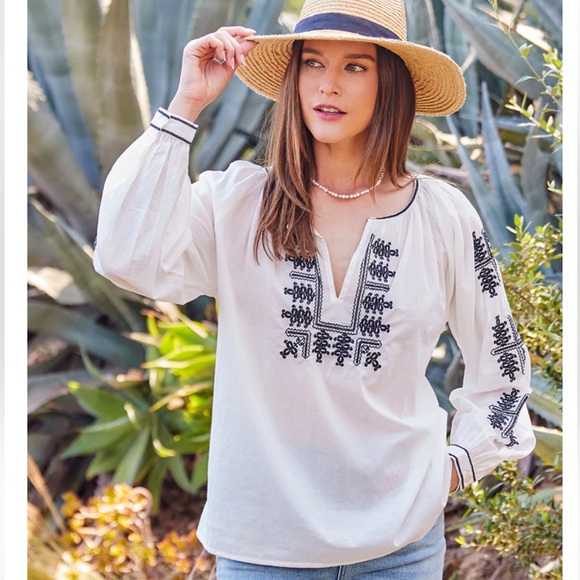 Karen Kane Tops - Karen Kane | Boho Peasant Embroidered Cotton Women Top Cream (Off white) Med